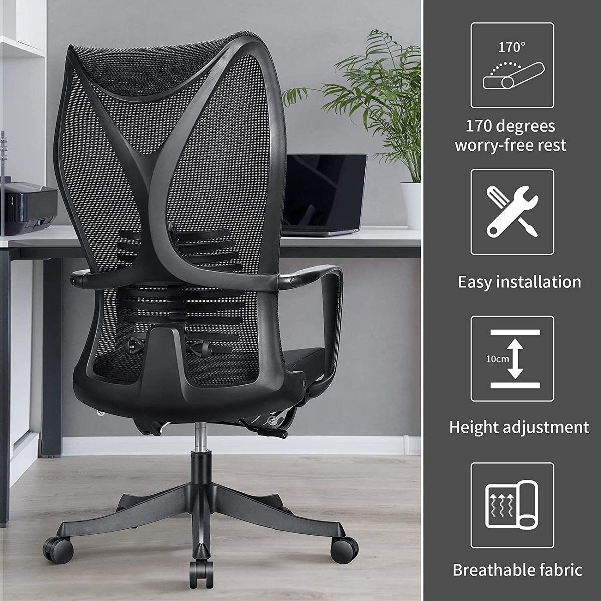 Mfavour ® Ergonomic Office Chair with Footrest, Office Chair, Ergonomic Desk Chair with Adjustable Lumbar Support, Armrest and 170° Reclining Backrest - up to 150 kg – Black