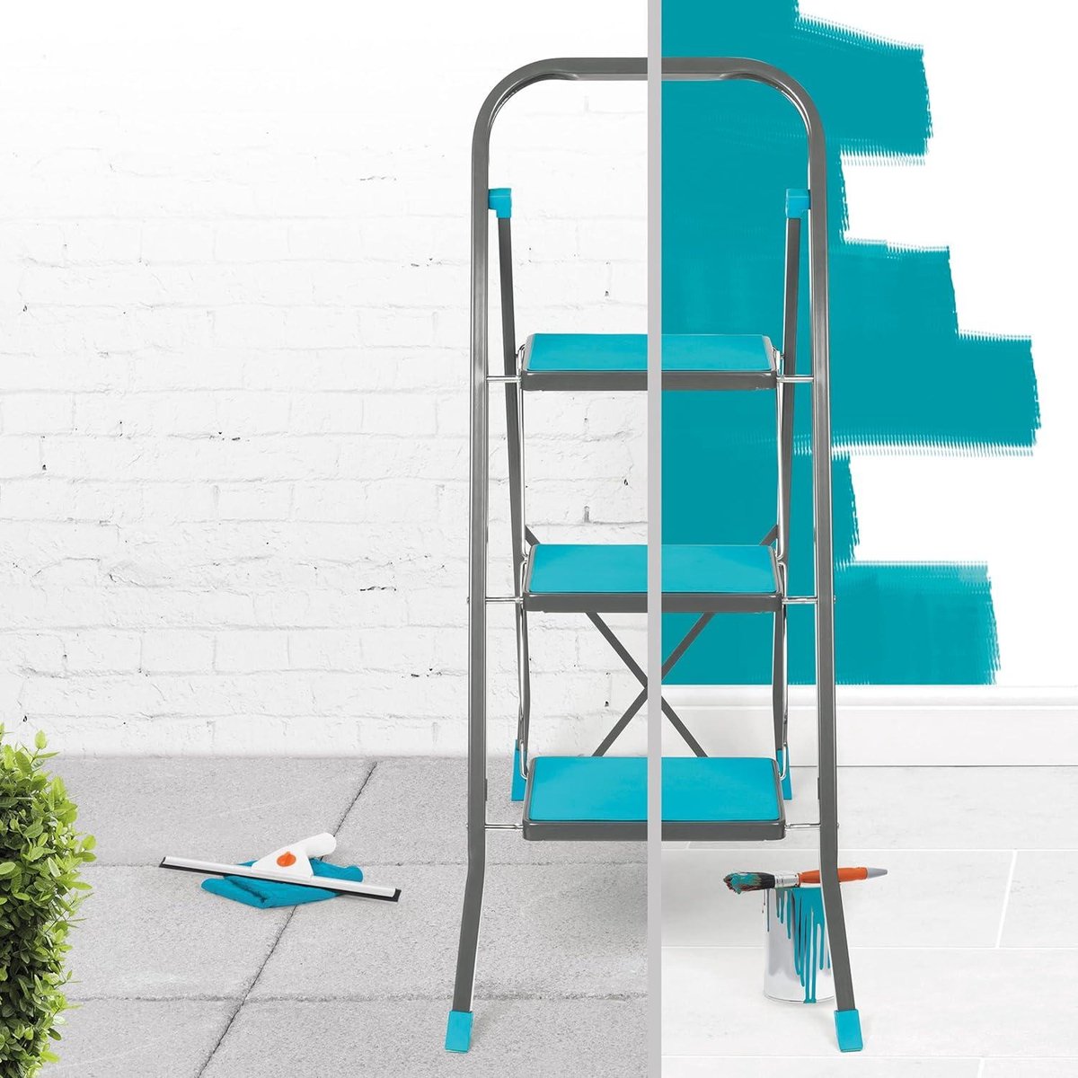 3-step ladder with anti-slip treads - durable and sturdy - for indoor and outdoor use - reach height of approx. 2.5 metres - safety clip - foldable - turquoise/grey ladder