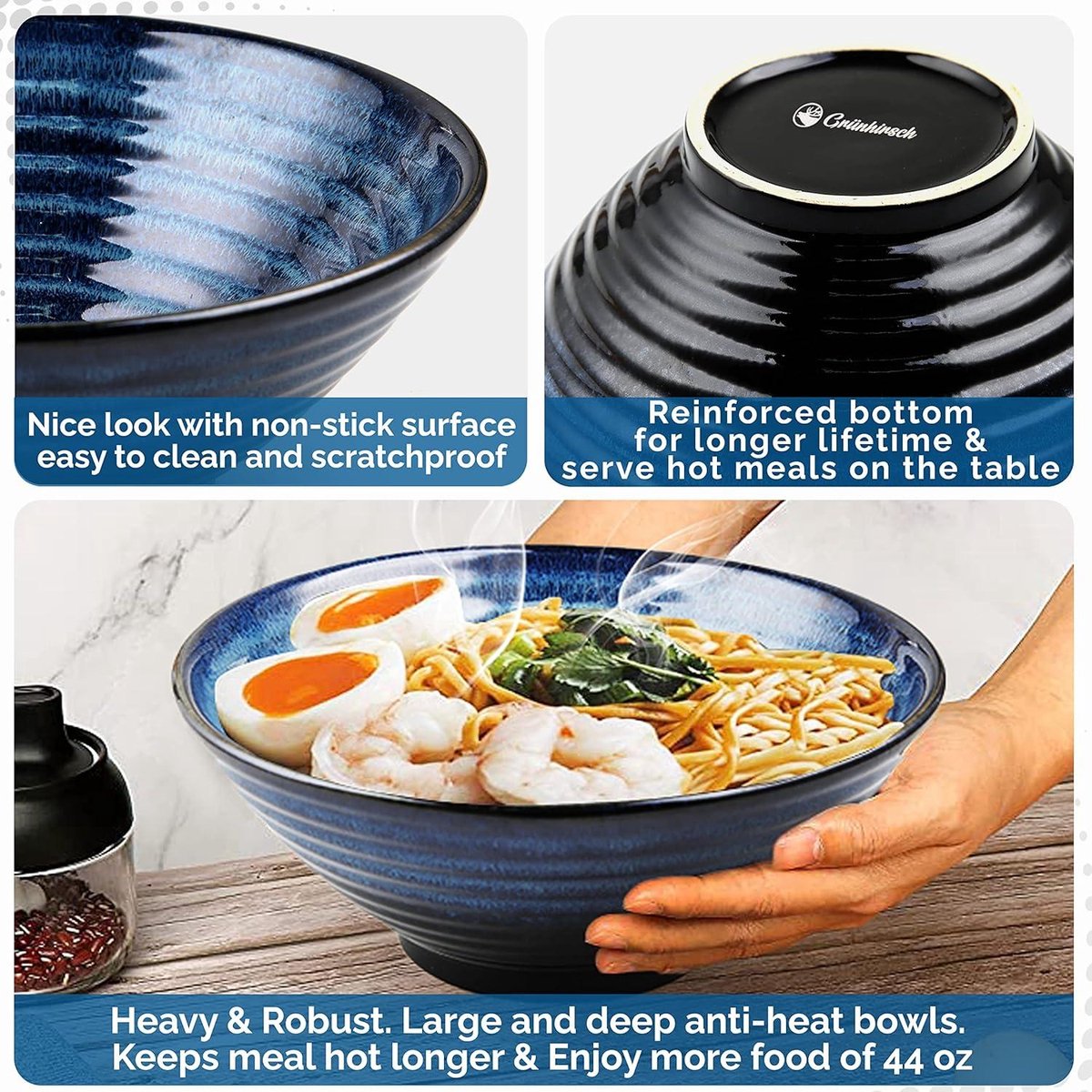 Ramen Bowl 8-delige set originele Japanse keramische ramen- en soepkommen - incl. eetstokjes en lepels - Aziatisch servies kom voor noedelsoep muesli salade - incl. e-book