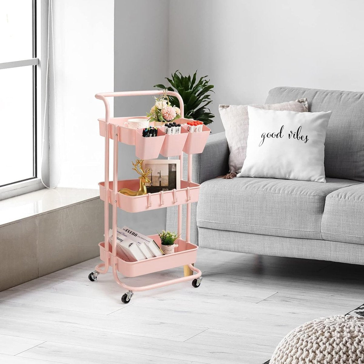 3-laags rolwagen met afsluitbare wielen, hangende kopjes en haken, opbergplanken voor keuken, badkamer, kantoor, bibliotheek, koffiebar, trolley, servicewagen, schelproze