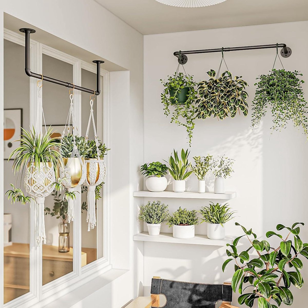 Plant Hanger - Plantenhanger hangende plantenbak zwart metalen staaf binnen plafond raam bevestiging