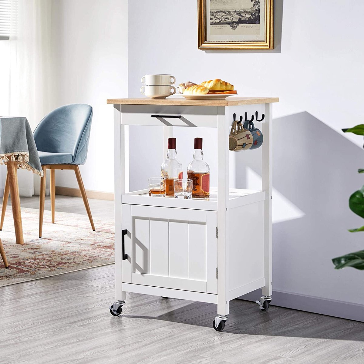 Kitchen cart on wheels, serving cart with cabinet and shelf, wooden worktop, rolling cart 55 x 45 x 89 cm, kitchen trolley in country style, white