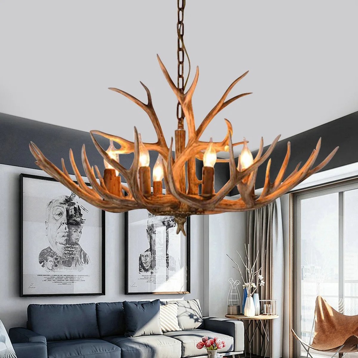 Roxana® Kroonluchter - Gewei - Hanglamp - LED - 6 Lichtbronnen - Lampen Inbegrepen - 220V - Keuken - Woonkamer - Hars - Slaapkamer - 66x45Cm