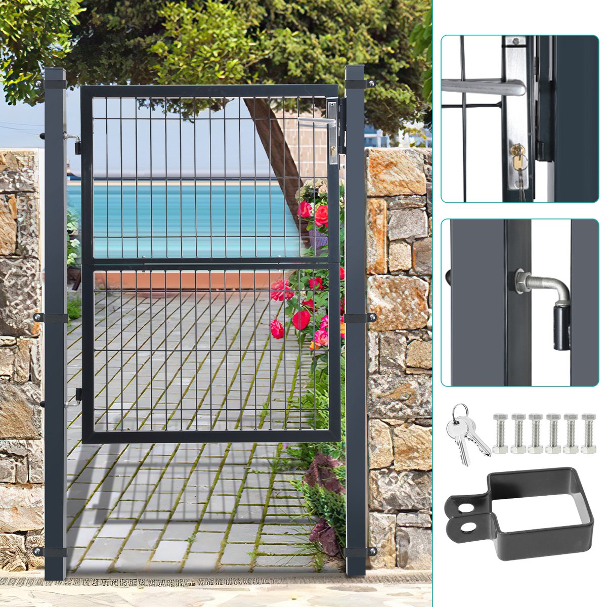 Garden Gate Gate Powder Coated Steel Garden Gate-Garden Door fence gate 100 × 100 cm farm gate made of galvanized steel with lock, doorknob and key, sturdy and durable-anthracite gray