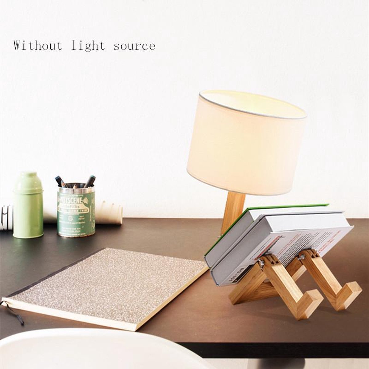 TDR - LED-bureaulamp met boekenhouder - Scandinavisch design - Witte stoffen kap - Houten mannetje met verstelbare gewrichten - Exclusief lichtbron