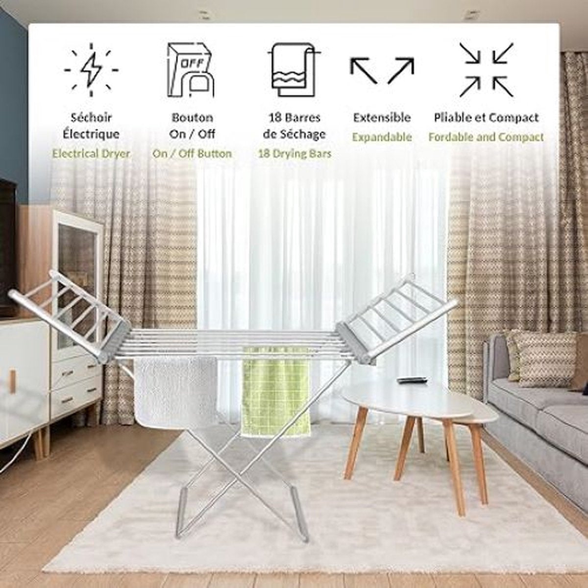Wasdroger - Wasdroogrek - Opvouwbare Elektrische Kledingdroger - Efficiënt en Ruimtebesparend - 18 stangen verwarmde badkamerdroger - 230 W - 145 cm - Aluminium zilver - Sneldrogend - Kleding - Beddengoed