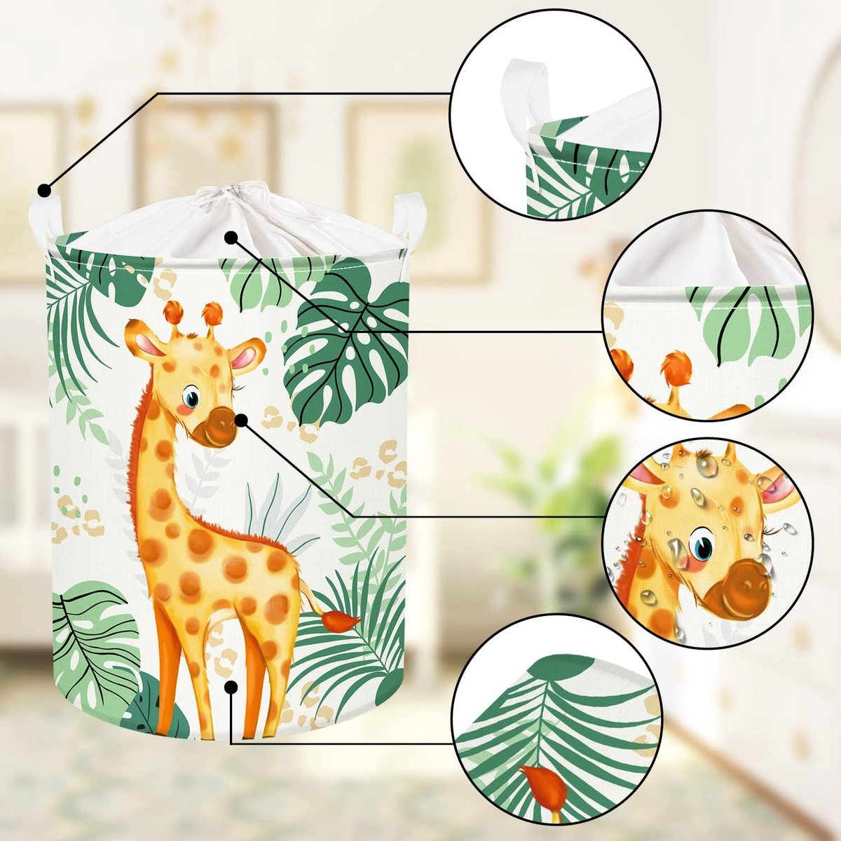 45L Leuke Groene Wasmand Baby met Giraffe, Vogels - Bosdieren Bladeren Ronde Wasmand Opvouwbaar - Perfecte Opbergmand voor de Kinderkamer om Speelgoed op te Bergen 36 x 45 cm