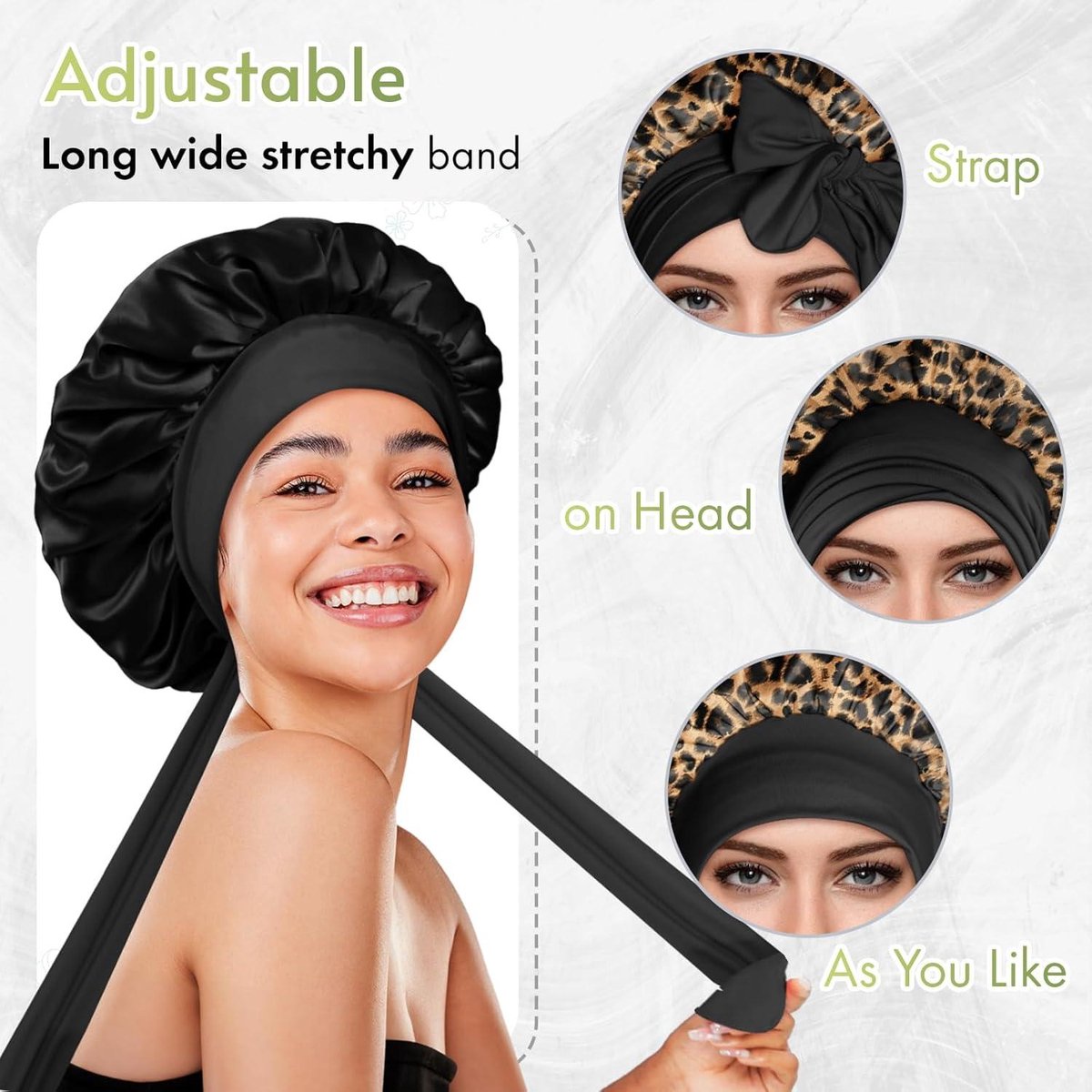 Silk Reversible Sleep Cap - Double-Sided Cap for Curly Hair - Elastic Band - Leopard Print
