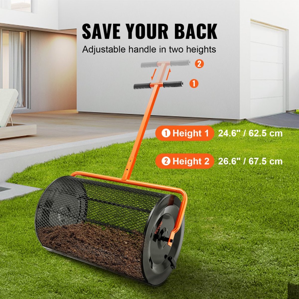 Compoststrooier van staal Turfmosstrooier 1,27x2cm gaasmand Tuingazonstrooier Handgreeplengte verstelbaar van 62 tot 67,5cm 61cm metalen gaasmand Ideaal voor kunstmest zoals compostmestgrond veenmos