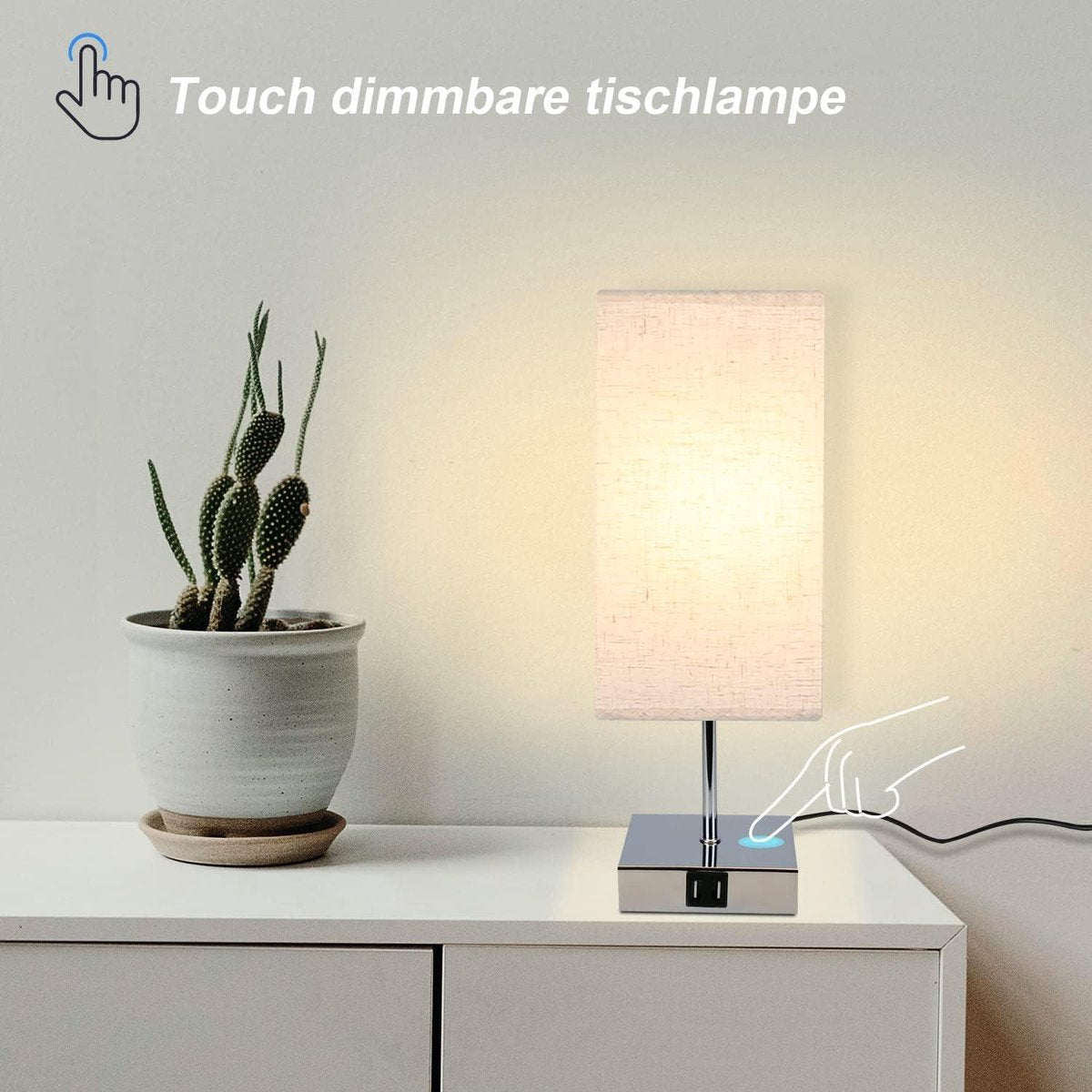 Dimbare Aanraakbare Tafellamp - Warm Wit E27 USB-Oplaadfunctie - Stoffen Lampenkap voor Slaapkamer en Nachtkastje