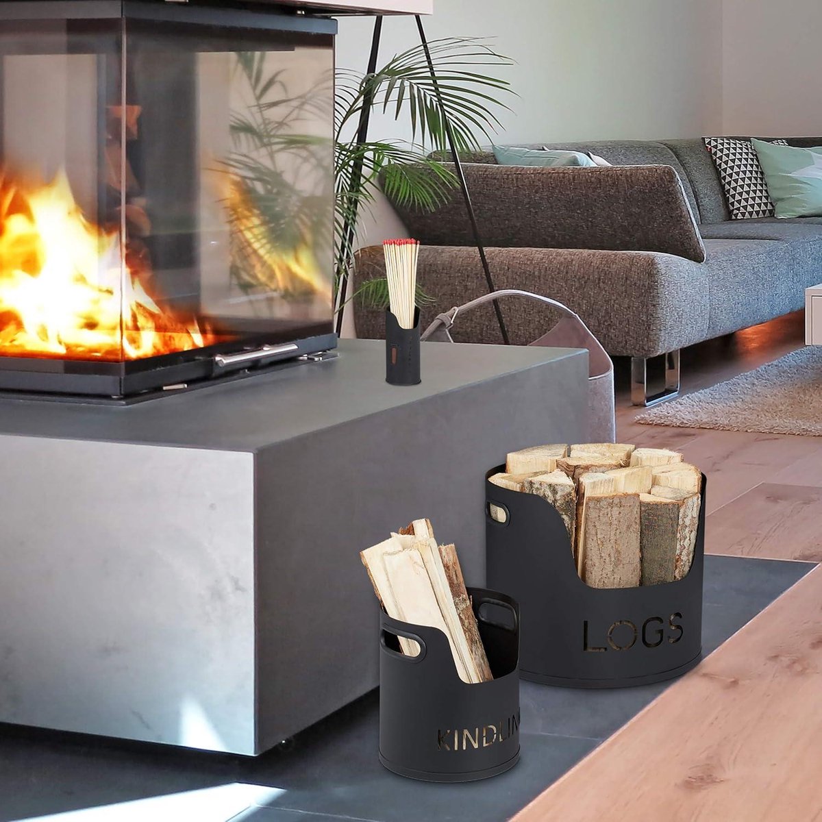 Firewood Storage - Wood Storage 3-piece log basket for firewood kindling - black metal - Ø 37/19 / 65 cm