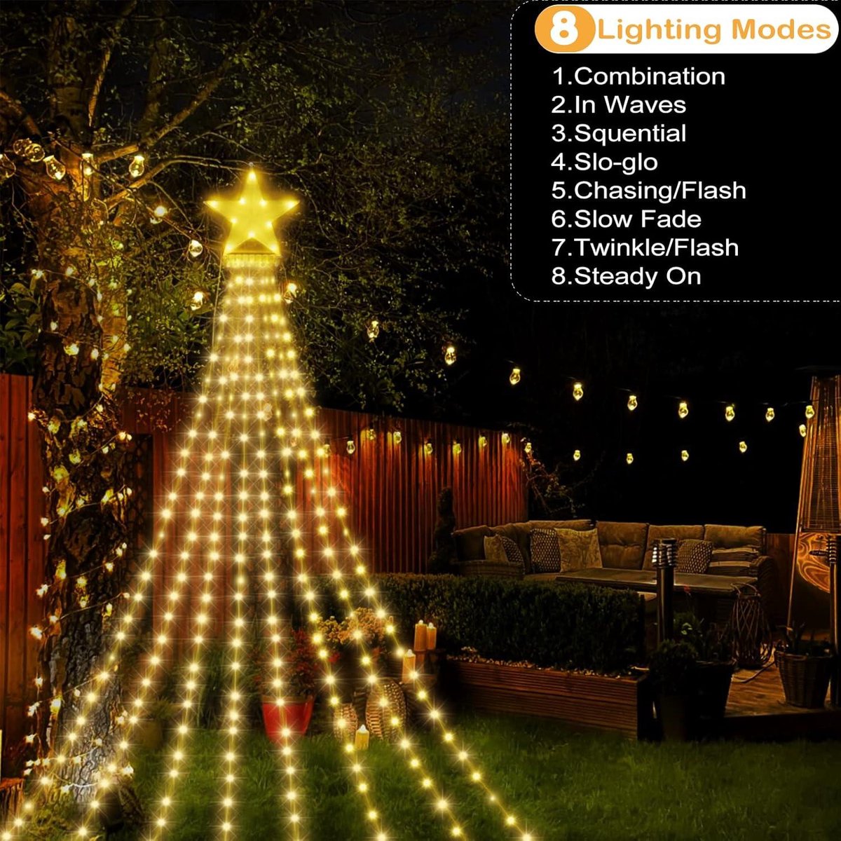Buiten Kerstverlichting - Kerstboom Verlichting 298 LED's, Ster Sprei Lichtpiramide, 8 Modi, Geheugenfunctie, Timer, IP65 Waterdicht (Warm)