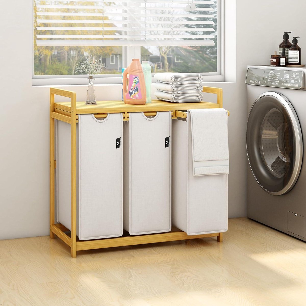 Wasmand met bamboeframe 150 l 3 vakken boogdesign wassorteerder lichtgrijs 06-16 - extra groot formaat duurzaamheid wasmand 3 vakken