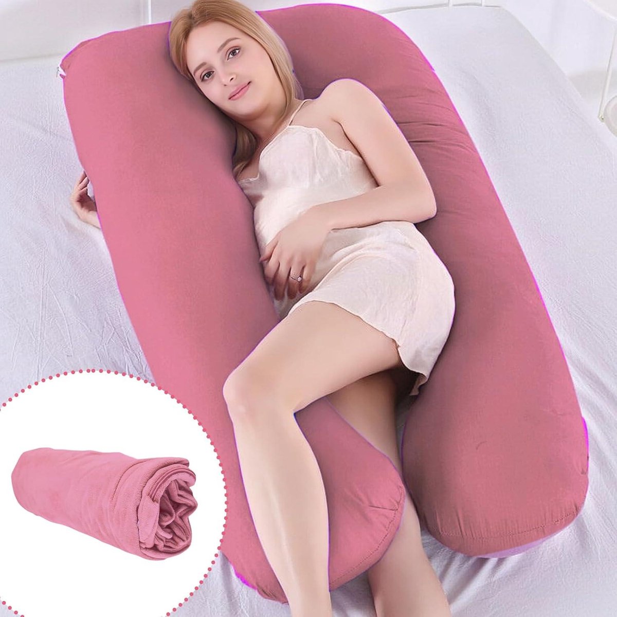 U-Shaped Pillowcase Cotton Cover Pregnancy Pillow Detachable Body Pillow - Adults Nursing Pillow Machine Washable - 140 x 80 cm - Pink Grey Body Pillow