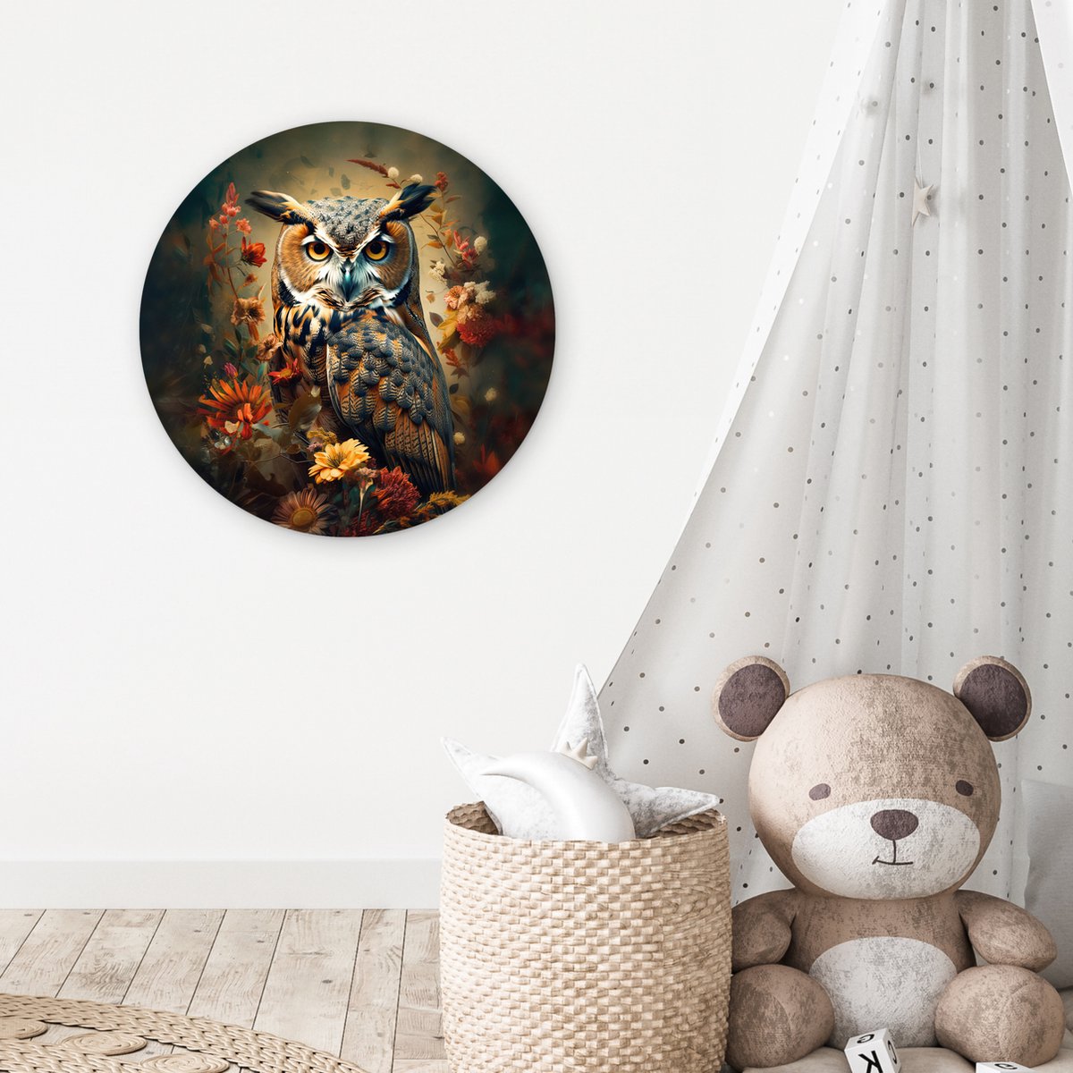 WallCircle® Muurcirkel 60x60 cm - Wandcirkel Uil - Vogel - Bloemen - Planten - Dieren - Botanisch - Muurdecoratie woonkamer - Wanddecoratie slaapkamer - Kamer decoratie accessoires - Ronde schilderijen - Woonaccessoires cirkel binnen