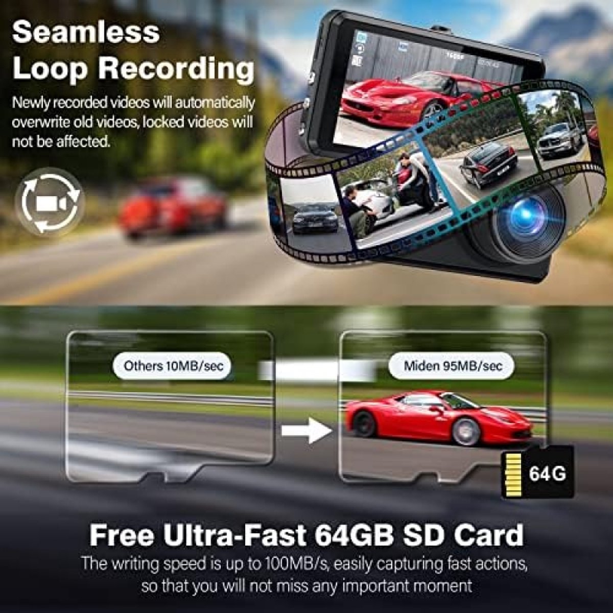 2.5K Dashcam voor in de auto, voor en achter, 64G SD-kaart, 1600P + 1080p FHD Dual Dashcam, 3,2 inch IPS-scherm, autocamera, 176° + 160° groothoek, G-sensor, nachtzicht, WDR