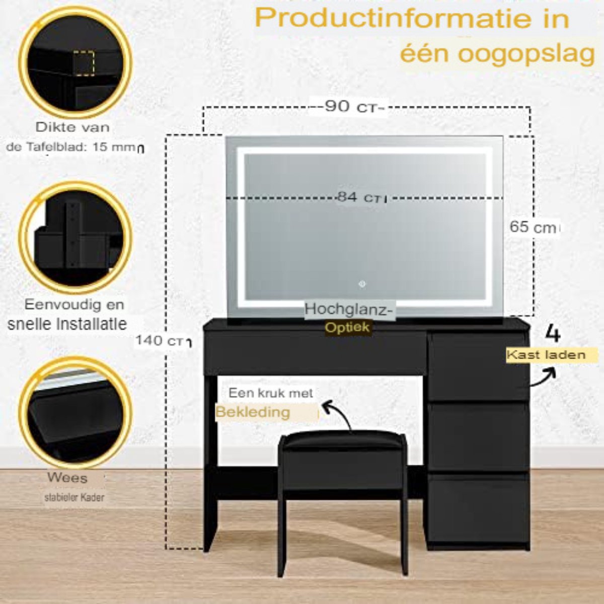 Dressing table with mirror and lighting - 90 x 140 cm - Standard black