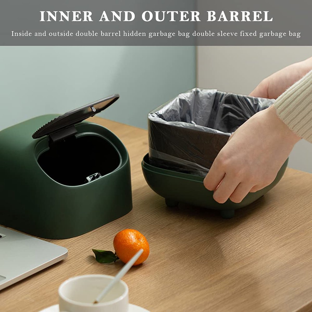 Table Bin, Table Bin with Lid, Double Layer Small Trash Can Small Ninja Shaped Desktop Bin with Sliding Lid, Odor Isolation for Kitchen, Bathroom, Desk