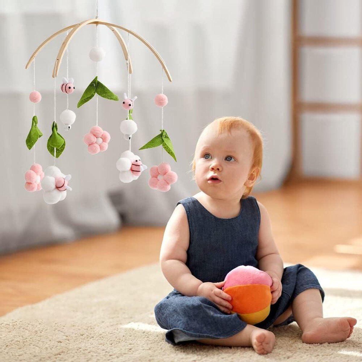 Baby mobile with music felt balls flowers - Mobile baby wind chime 3D flowers - Mobile baby wood felt balls - Baby mobile with music girl bed bell - Mobile baby boys girls crib decoration. baby mobile with music