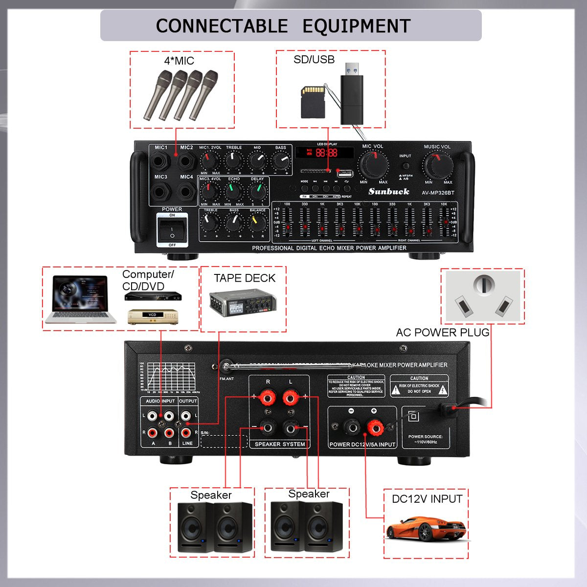 220V-240V Bluetooth Stereo Car Audio Versterkers-800W Auto Luidsprekers-met Afstandsbediening-Zwart