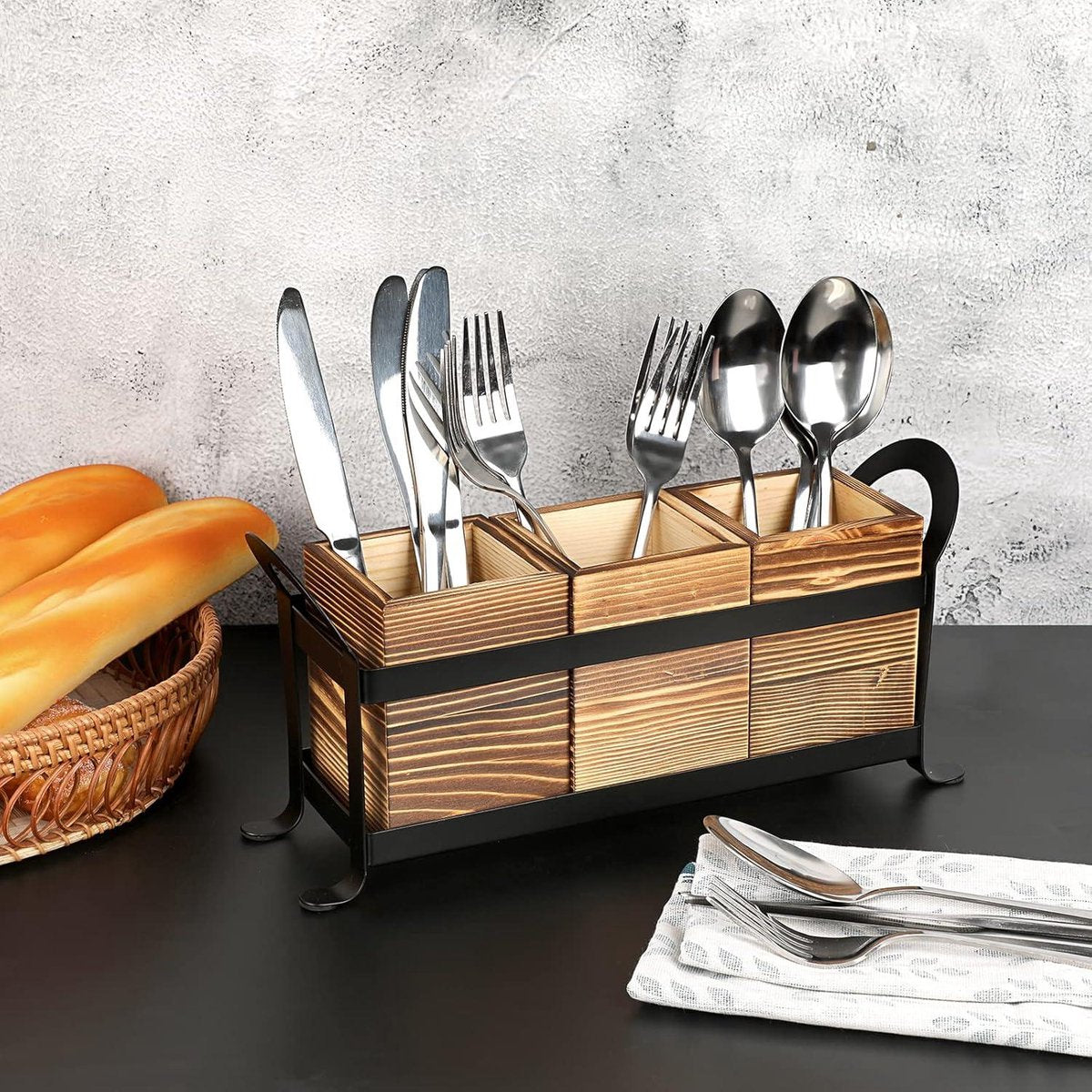 Bestekhouder Caddy met Metalen Lade - 3 Vakken Organizer voor Keuken Aanrecht - Multifunctionele Houten Opbergdoos