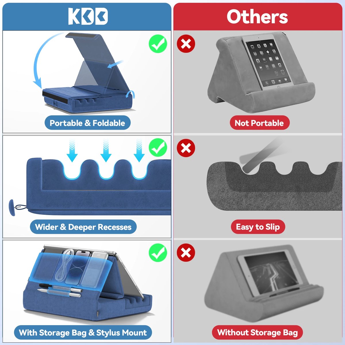 Foldable Tablet Cushion Holder - Suitable for iPad and Tablets - Soft and Sturdy with Pocket and Stylus Holder - Ideal for Use on Lap, in Bed, and on Desk