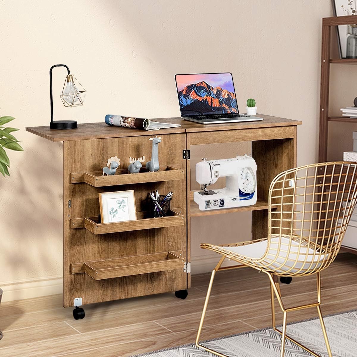 Foldable sewing table, sewing cart with lockable wheels and storage shelves, foldable sewing table for apartment, small spaces, 117 x 78 x 40 cm (Wood color)