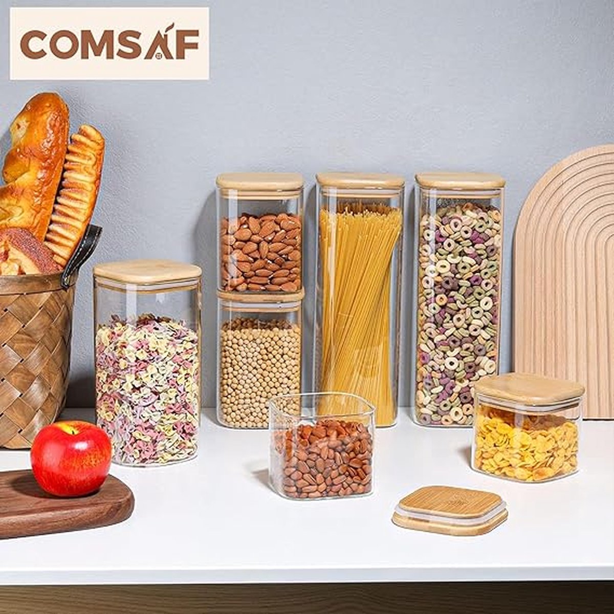 WINKEL YOLO-Opbergpot Spaghetti -2100 ml Glazen-met Bamboe Deksel voor Pasta-Koffiebonen-Set van 3