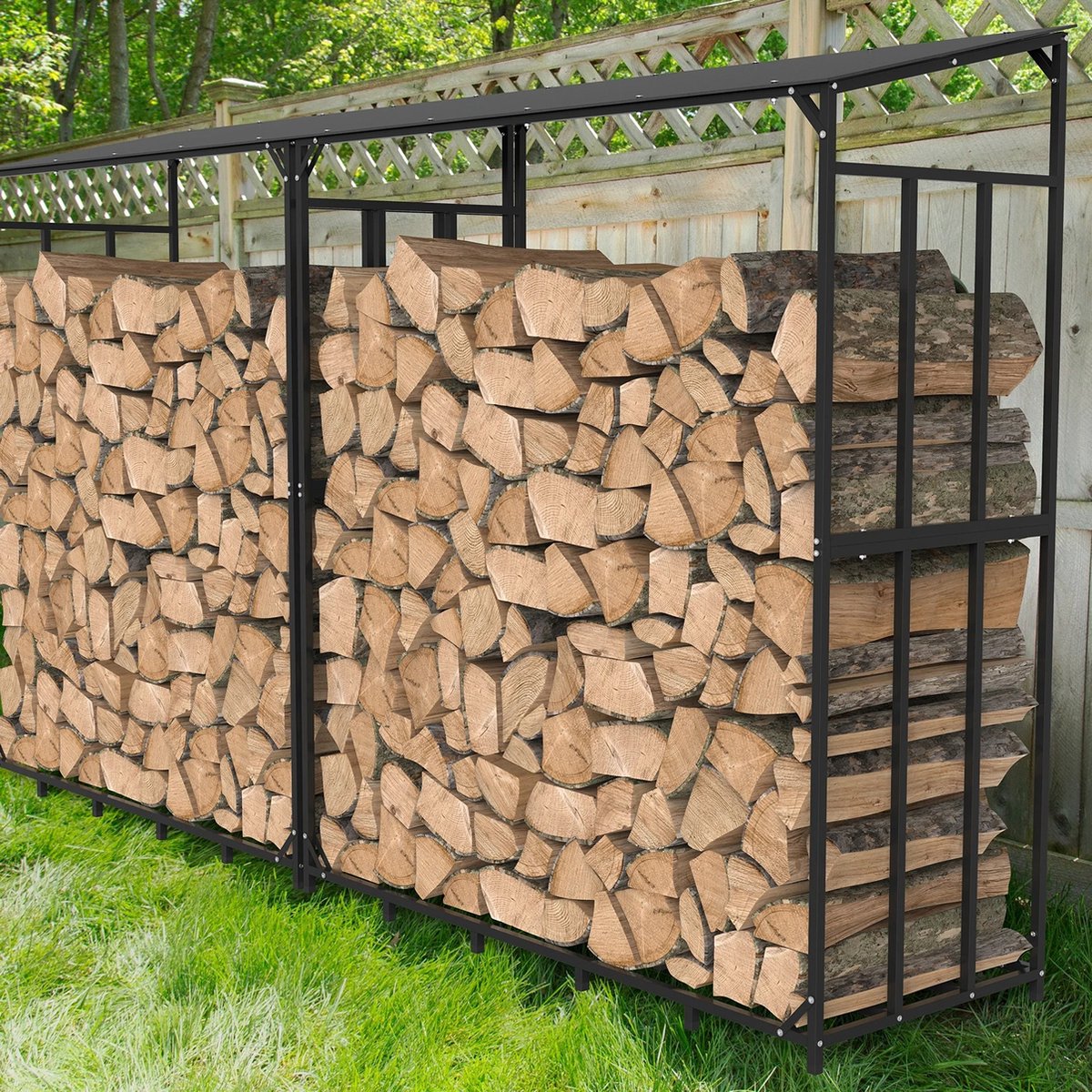 Haardhoutopslag - Houtopslag buiten - Met Dakje - Staal - Zwart - 157x60x177 cm - Max. Gewicht 300kg - Houtopslag - Haardhout Opslag