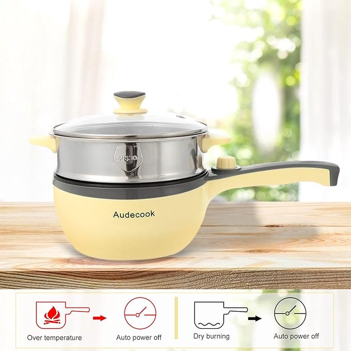 Elektrische Hot Pot Pan - Elektrische Pan - Multifunctionele Koekenpan met Anti-aanbaklaag - Kleine Pasta Pan - 1,5 L Draagbaar Kookgerei voor Reizen/Slaapzaal - Snelle Verwarming, Spatel en Eierrek Inbegrepen