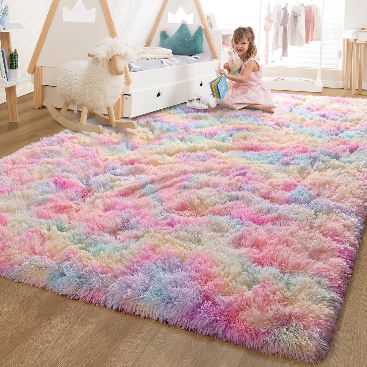 Plush Carpet - Round - Large Size - Modern Living Room - Soft and Fluffy - for Kids Girls - Bedroom/Nursery - Rainbow - 80 x 150 cm rug