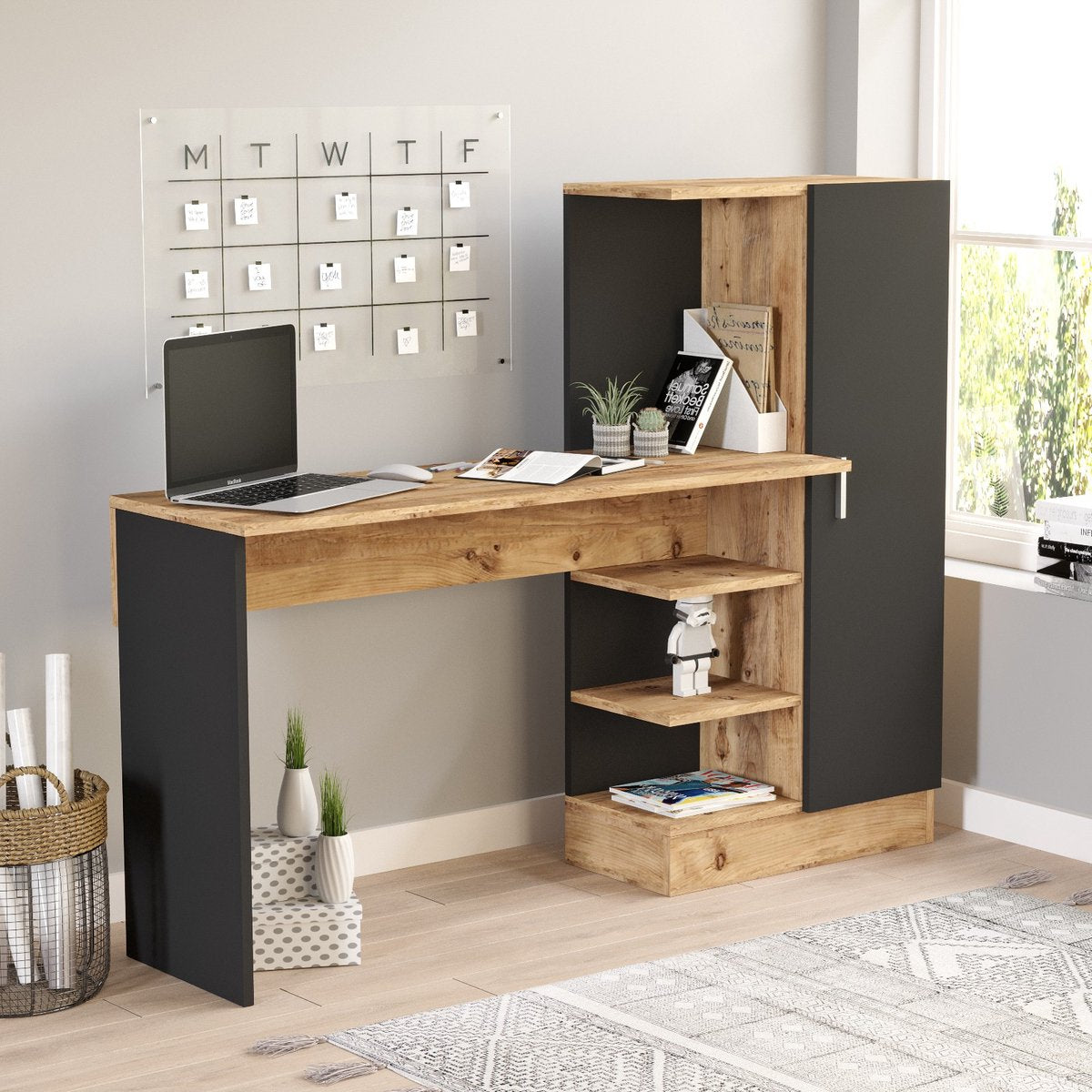 Stylish Desk with Cabinet - Black & Oak Design - 152.3x120x40cm - Durable Melamine Material