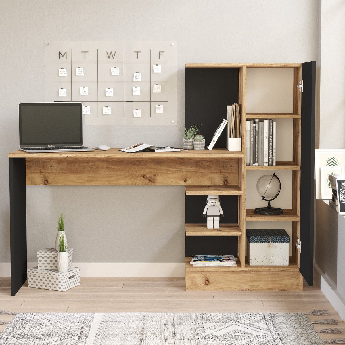 Stylish Desk with Cabinet - Black & Oak Design - 152.3x120x40cm - Durable Melamine Material