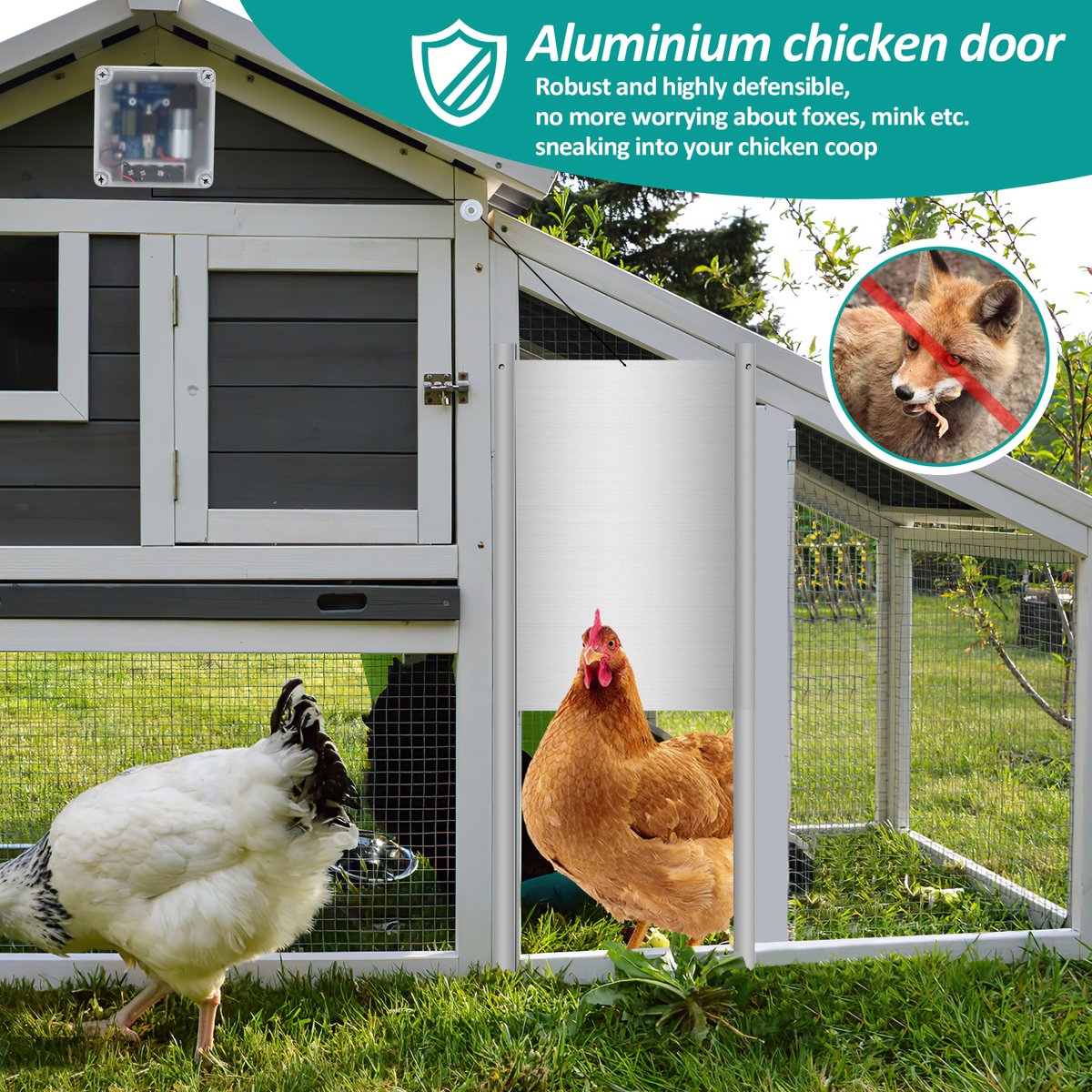 Automatic Chicken Coop Door - Coop Opener - Chicken Door - Chicken Coop Door with Controller - Chicken Door with Timer and Light Sensor - Aluminum - 22 x 32 cm