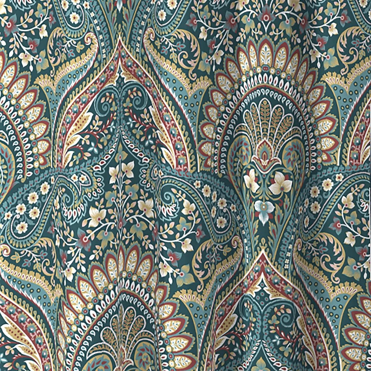 Green Blue Jacobean Curtains - W 66 x L 72 (168 x 183cm) - 2x Tie Backs - Floral - Exotic Pleated Curtains - Moroccan Bohemian - Blue Blue Damask Curtains