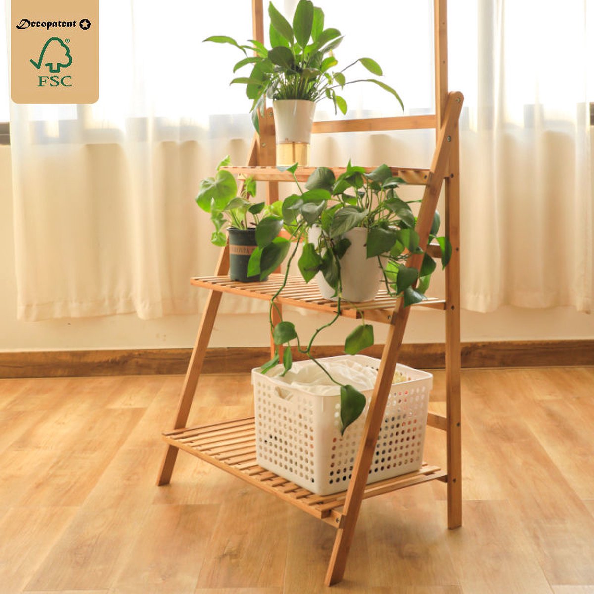 Decopatent® Plantenrek met 3 etages + Stang voor Hangplanten - Bamboehout staand binnen Plantentrap - Bloemenrek - Planten etagère