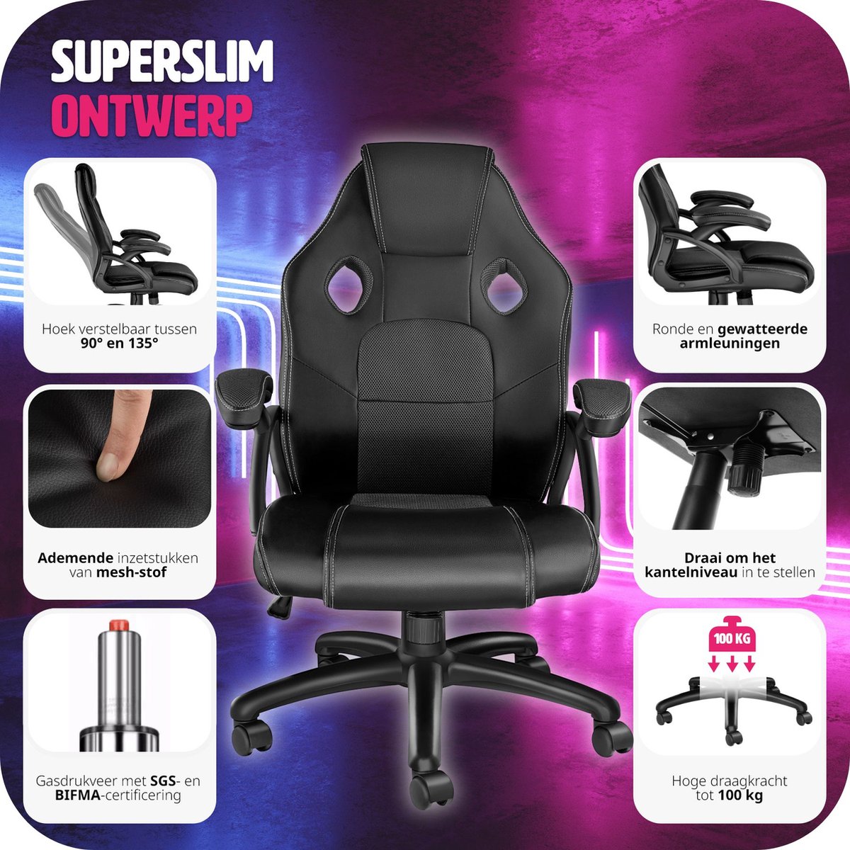 tectake® - bureaustoel gamingstoel - luxe bureaustoel kantoorstoel - racestoel bureaustoel gamestoel Mike - zwart/zwart