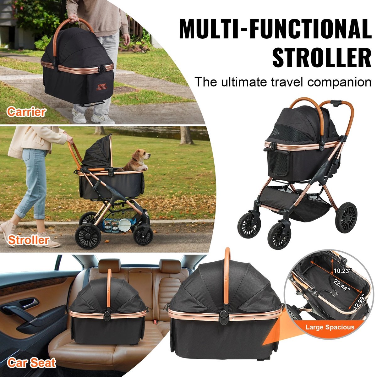 Bealive® Opvouwbare wagen voor dieren - honden en katten - Hondenbuggy - Hondentrolley met Afneembare Drager - Afneembare Drager - Wagen voor middelgrote honden of puppy's - 85x59x105cm - 10.1kg - Gewichtscapaciteit van 30kg