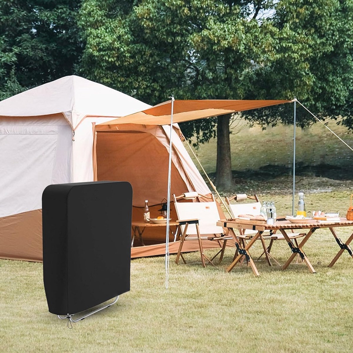 Opvouwbare stoelhoes, 2 stuks, tuinstoelen, beschermhoes, winddicht, anti-UV, waterdicht, voor ligstoel, vouwstoel, vergaderstoel, dekstoel, inklapbaar, tuinmeubelen, met draagtas (zwart)
