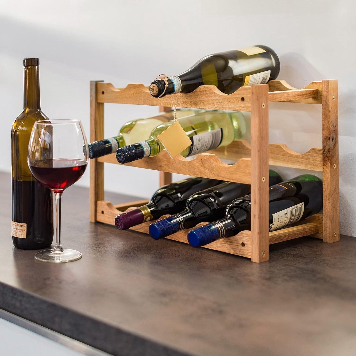 Wine rack 3 levels small bottle rack for 12 bottles - natural wood 42 x 21 x 28 cm