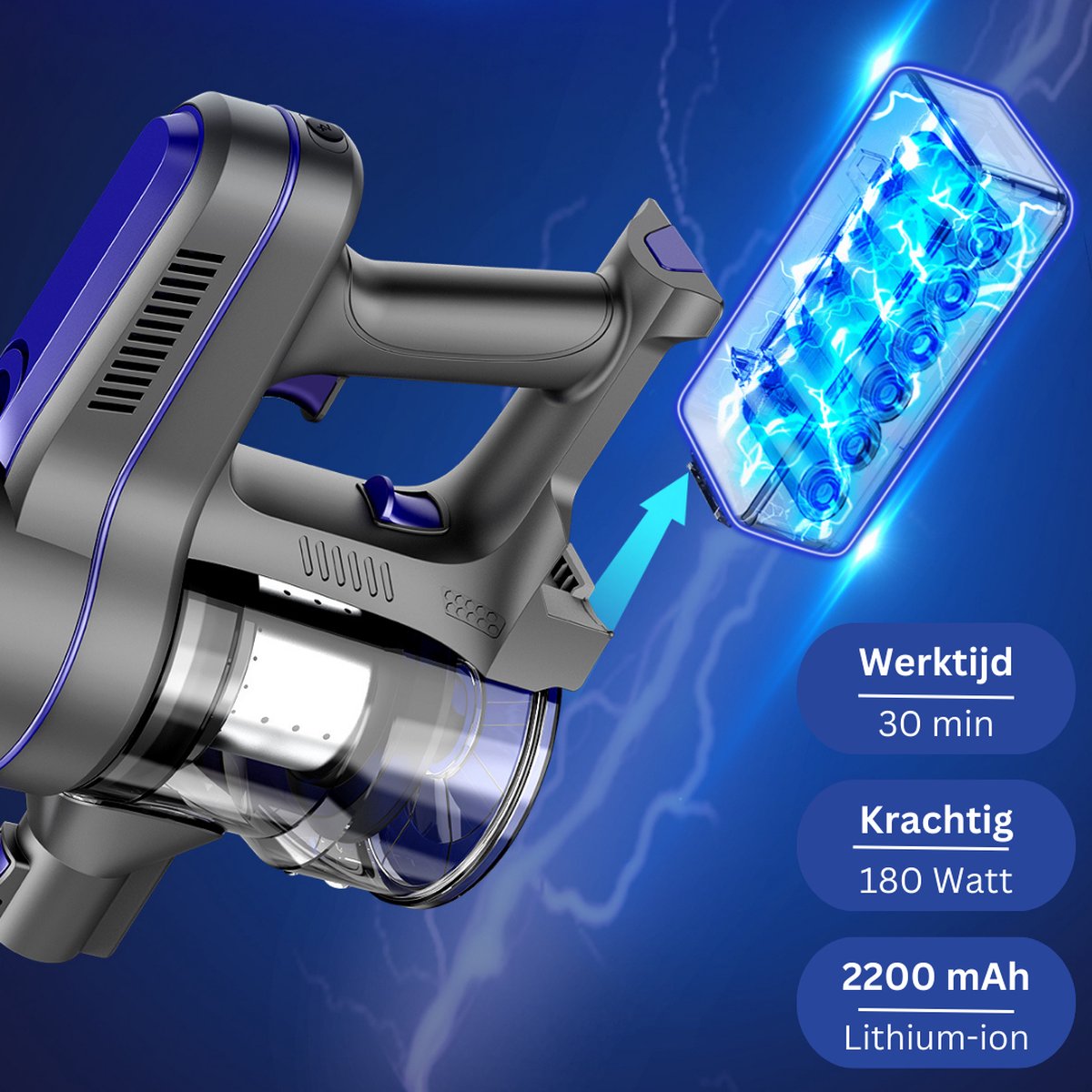 Steelstofzuiger Draadloos - Stofzuiger - Zakloos op Accu - 3 Verschillende Opzetstukken - Kruimelzuiger - 180W