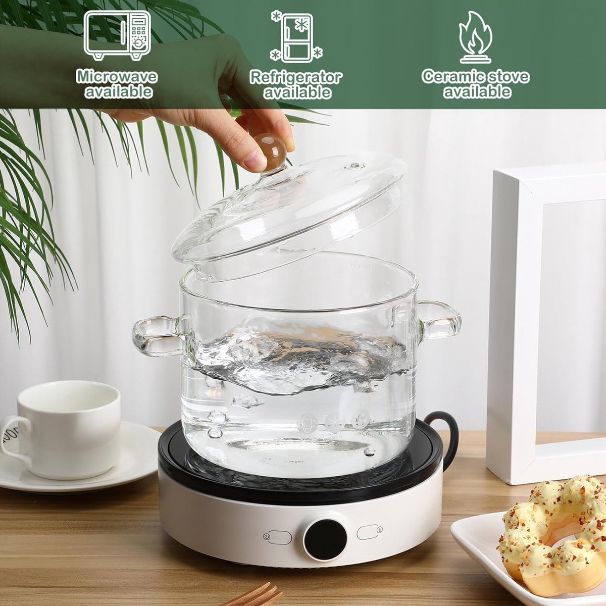Glazen kookpan, 1,9 liter, hittebestendige glazen kookpan met deksel, steelpan voor soep, noedels en babyvoeding
