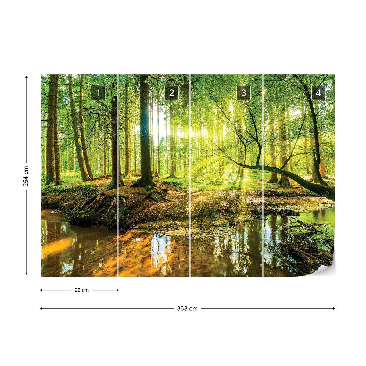 Photo wallpaper - Sunny Forest with a Stream - Trees - Nature - Non-woven - 368 x 254 cm (4 wallpaper sheets)