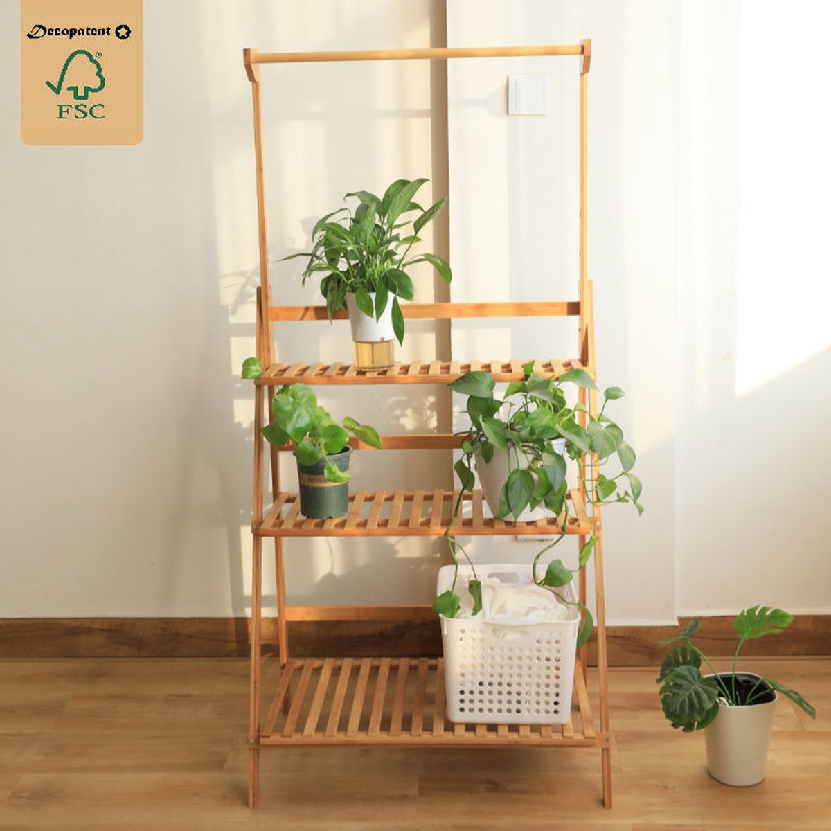 Decopatent® Plantenrek met 3 etages + Stang voor Hangplanten - Bamboehout staand binnen Plantentrap - Bloemenrek - Planten etagère