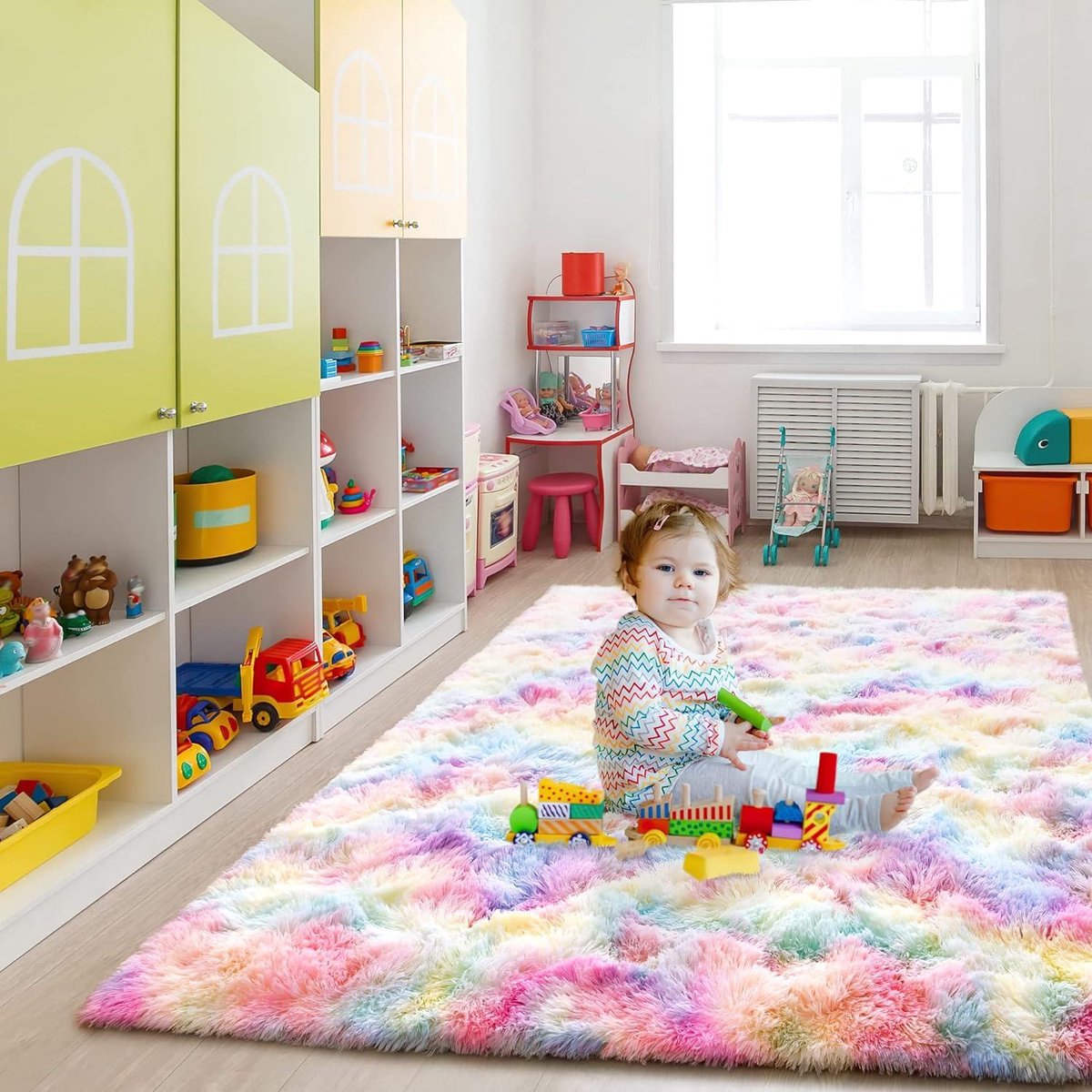 Plush Carpet - Round - Large Size - Modern Living Room - Soft and Fluffy - for Kids Girls - Bedroom/Nursery - Rainbow - 80 x 150 cm rug