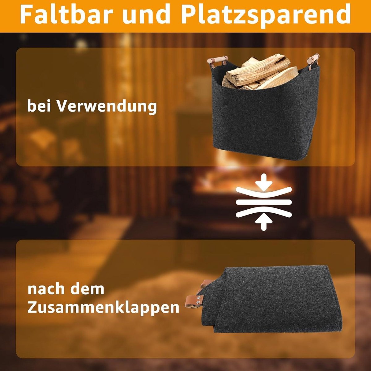 Firewood storage - Wood storage 2 pieces wooden basket foldable for firewood XL dark grey with wooden handle
