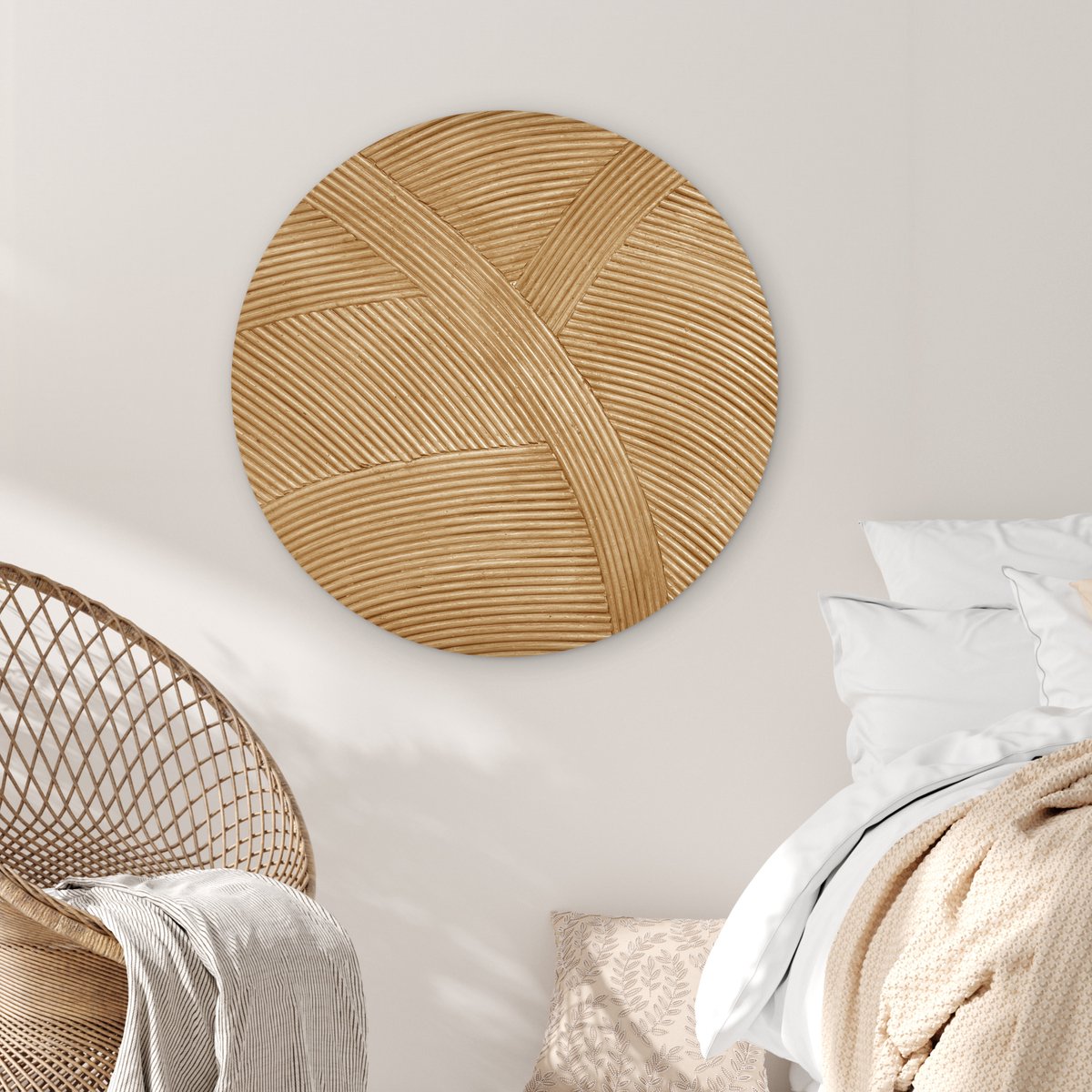 WallCircle® Wandcirkel 90 x 90 cm - Muurcirkel Structuur - Natuur - Rotan Kunst - Natuurlijk Modern - Muurdecoratie woonkamer - Wanddecoratie slaapkamer - Kamer decoratie accessoires - Ronde schilderijen - Woonaccessoires cirkel binnen