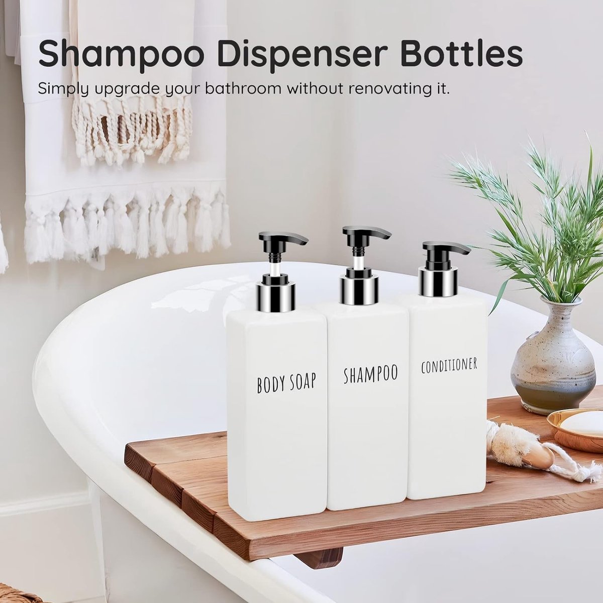 Soap Dispenser, 3 Pcs 500ml Soap Dispenser Set with Labels for Shampoo, Conditioner, Body Wash, Shampoo Bottles to Fill for Kitchen and Bathroom, White.
