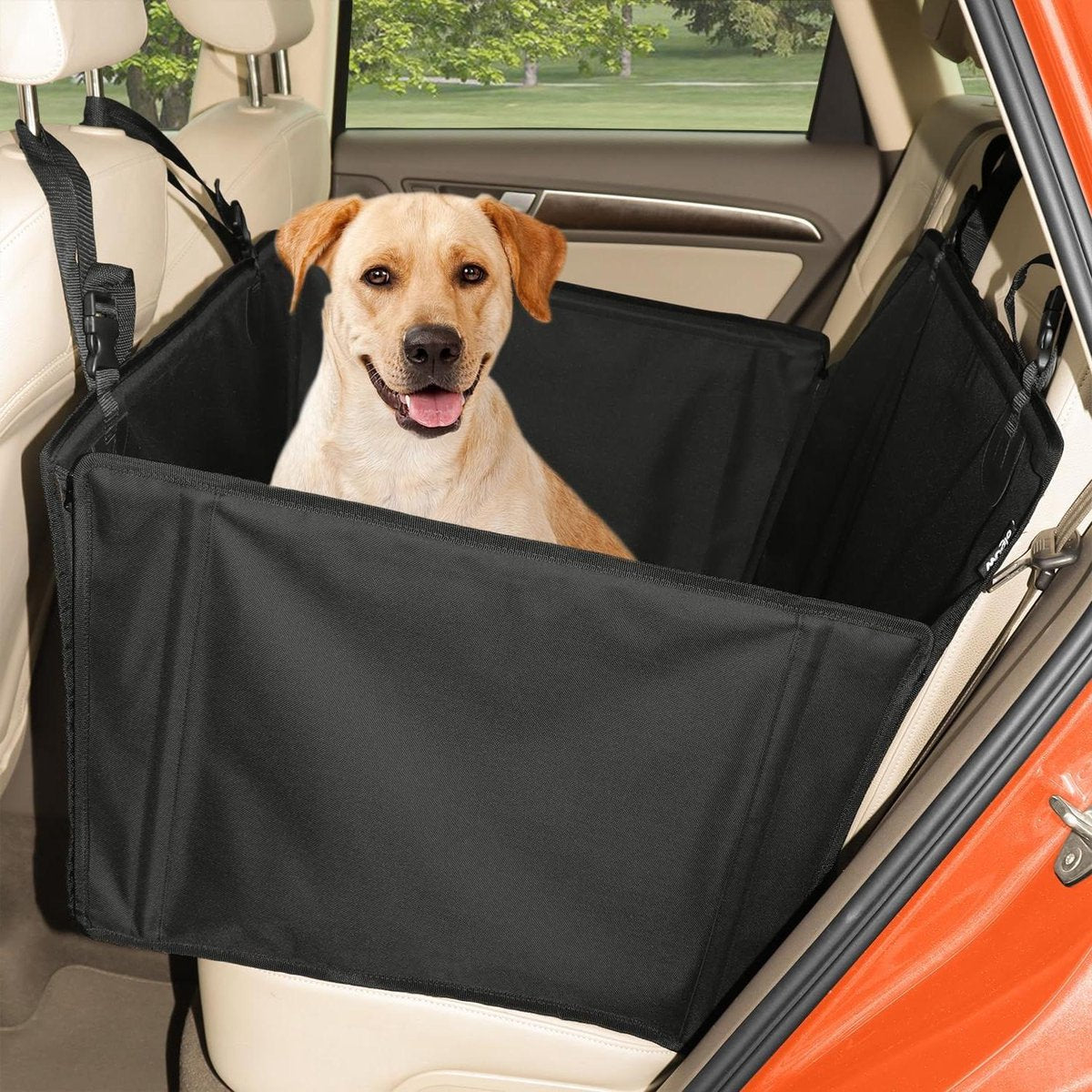Dog car seat extra reinforced for small and medium-sized dogs - 4 attachment straps - waterproof - back seat - size L - black dog net car