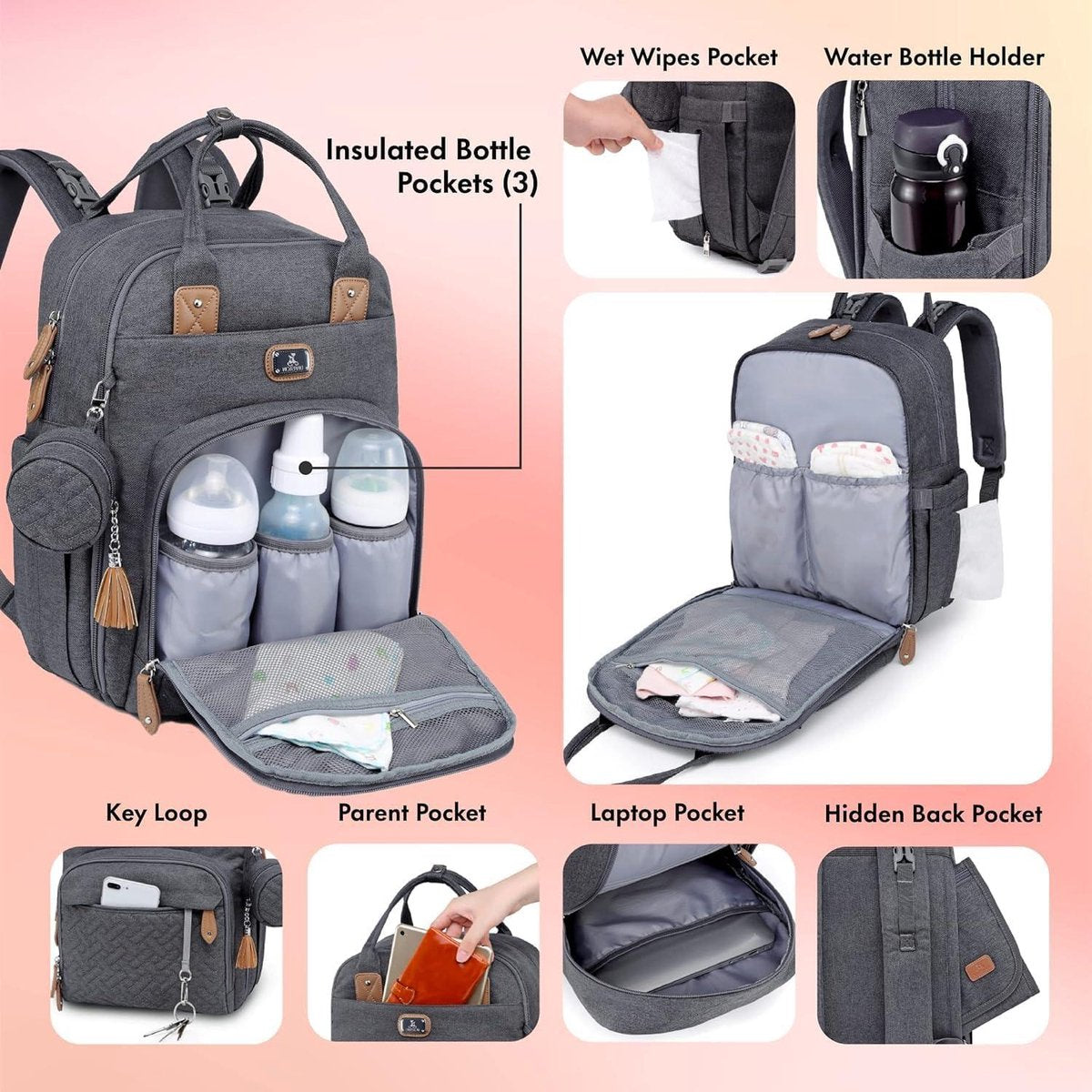 Diaper backpack - large size - includes portable changing pad and pacifier holder - dark gray
